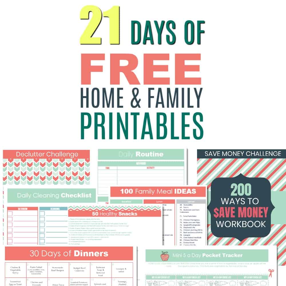 Instant Access: 21 Days of Free Printables. Cleaning Schedules, daily planners, save money, meal planning and more ....